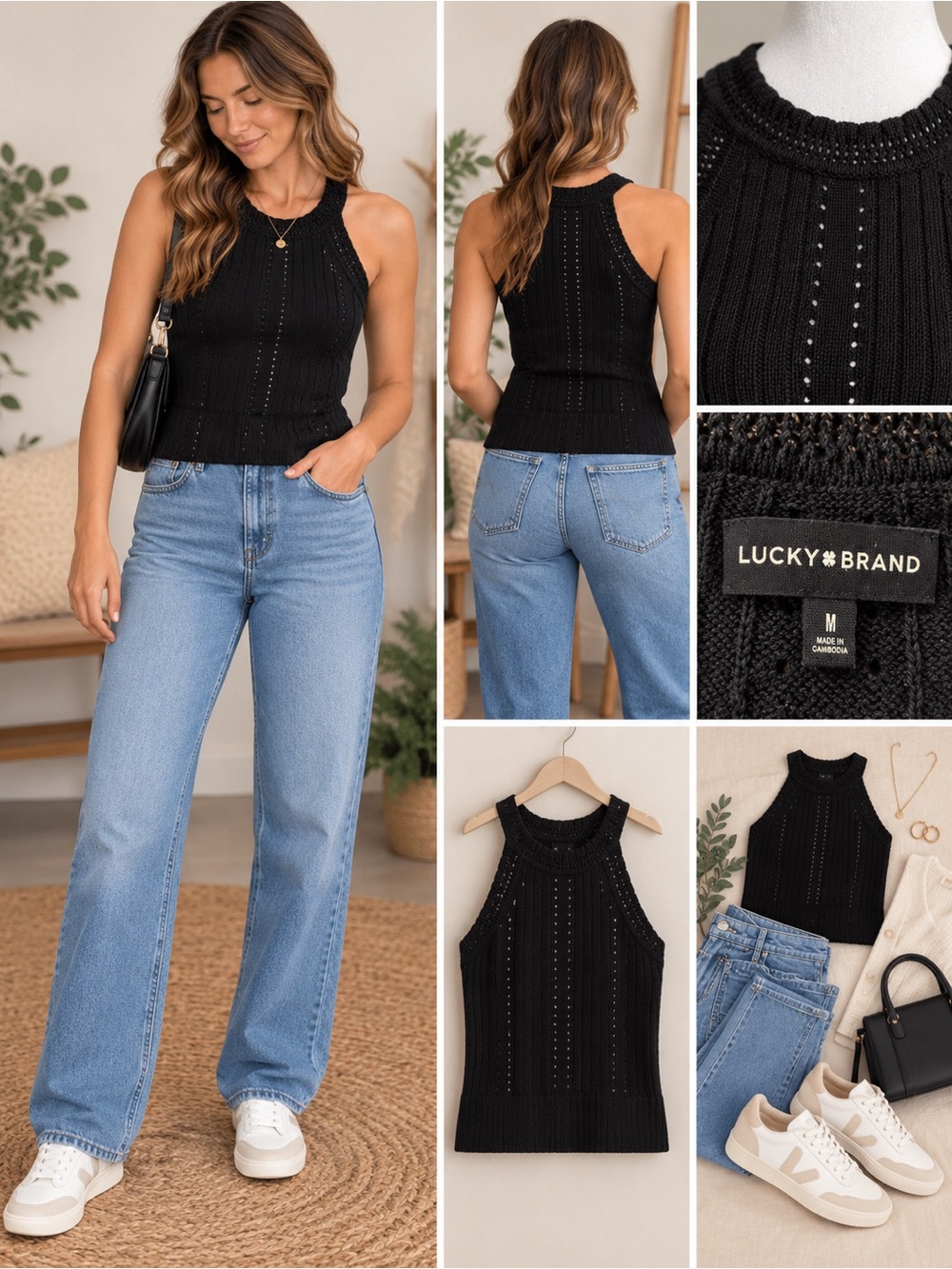 Lucky Brand Black Knit Halter Tank Top Medium NWT